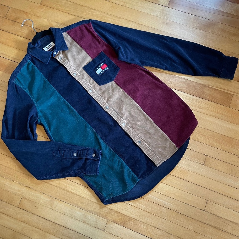 TOMMY JEANS Urban Outfitters Corduroy Color Blocked Button Down Shirt Preppy